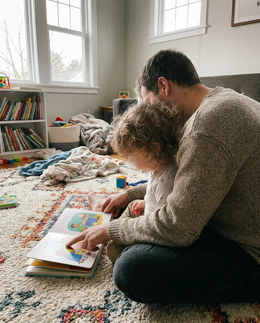 Hablar y conectar - adulto y niño leyendo juntos